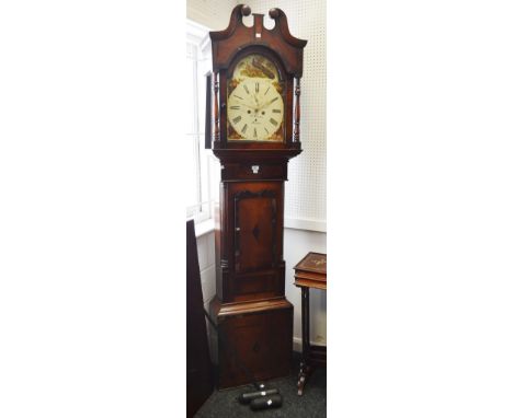 A George III oak and mahogany Longcase, Swan neck pediments; hand painted enamel dial, Roman numerals, subsidiary secondary a