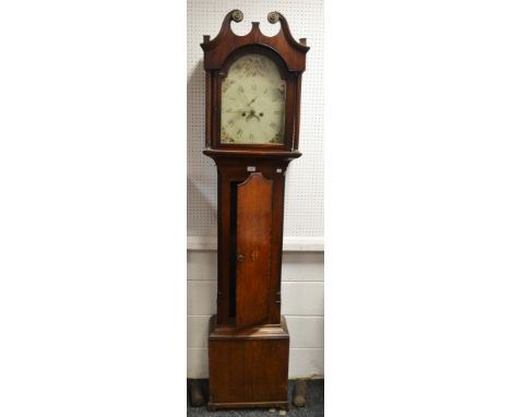 A George III mahogany and oak longcase clock, scrolling Swan neck pediment, fluted pilaster enclosing hand painted arched ena