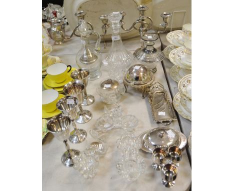 Silver Plated Ware and Glassware - a pair of silver plated candelarbra; a liqueur decanter; other decanters; silver plated go