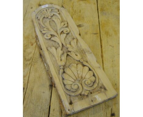 Architectural - a 19th century hand carved softwood arched rectangular panel, with shells and stylised foliage, c.1840