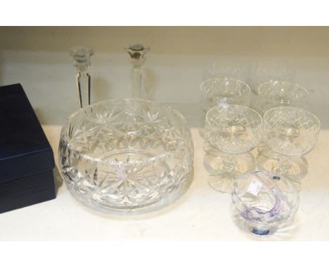 Glassware - cut glass vase; fruit bowl; Bohemia crystal tumblers, boxed; cut glass Sundae dishes; champagne flutes; a Caithne