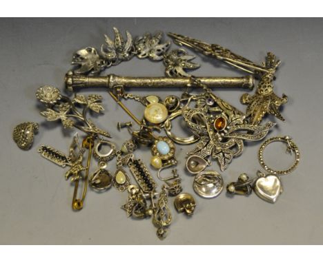 A silver marcasite and amber brooch; a pair of silver , opal and marcasite drop earrings; others ; a silver coloured metal pr