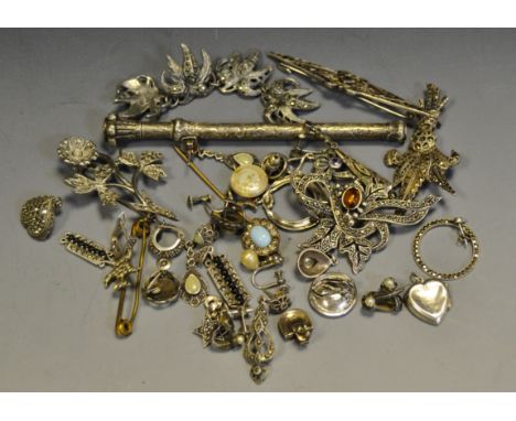 A silver marcasite and amber brooch; a pair of silver , opal and marcasite drop earrings; others ; a silver coloured metal pr