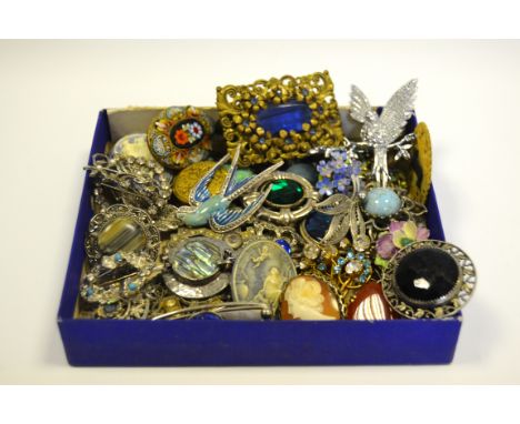 Costume Jewellery - late 19th century and later brooches, including micro mosaic, enamel, marcasite and cameo