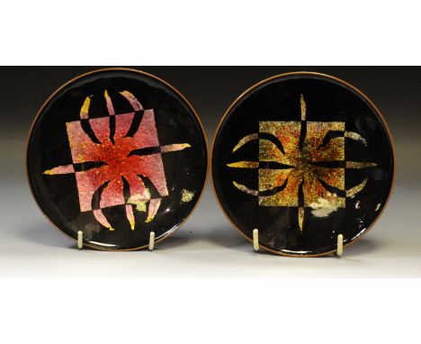 A pair of Arvid J Norendal, Norway, copper and enamel chargers, 14.5cm diam