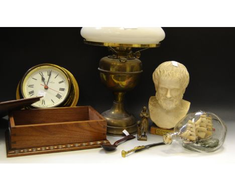 Ephemera - a brass oil lamp; a brass wall clock; a brass Figure, Joan of Arc; Ship in a bottle;  etc 