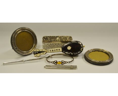 A cut glass dressing table box, silver top, Birmingham 1902; Tortoiseshell miniature mandolin; an Art Nouveau style silver br