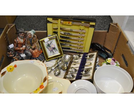 A Capodimonte figural group of a Tramp and his companion; cased flatware; teaspoons; Poole Dolphin; Wade Tortoise; flower pos