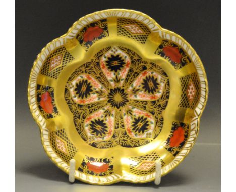 A Royal Crown Derby 1128 pattern five petal sweetmeat dish, solid band, first quality