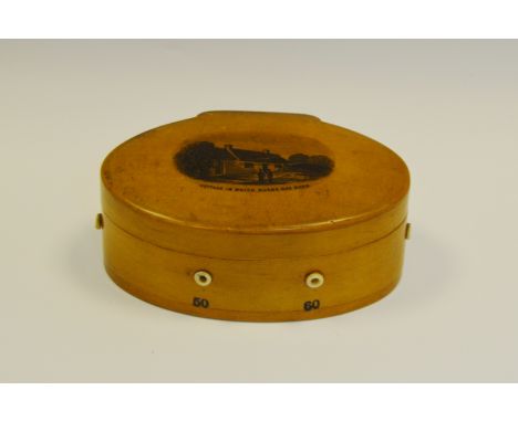 A Victorian Mauchline Ware oval six-bobbin cotton reel box, paper label for John Clark Junr. & Co, Mile End Glasgow, hinged c