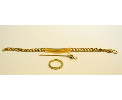 A 15ct gold ID bracelet; ring;tie pin, 10g gross (3)