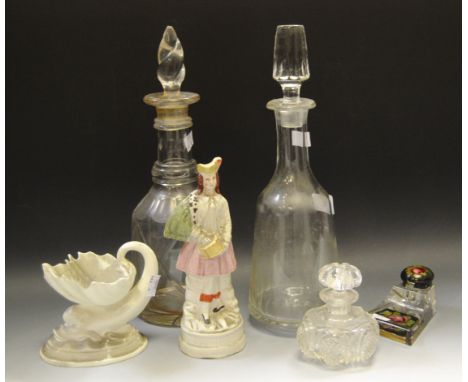 A Worcester sweetmeat dish; a Staffordshire figure; a mallet shaped decanter ; another; a glass inkwell;  etc qty 