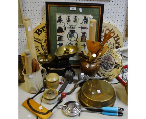 Kitchenalia - brass and cast iron kitchen scales; brass weights; mincer; rolling pin; framed print; stoneware jug;  etc qty 