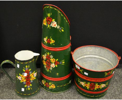 Bargeware - a coal scuttle; a galvanised bucket; an enamel jug, typically painted with Cabbage Roses on a green ground (3)