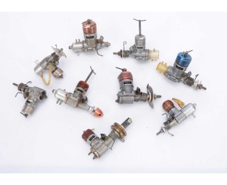 Nine small Aero-Engines by DC, five small diesels (appear to be one 0.5 cc and four 0.76cc) and one glow-plug engine, togethe