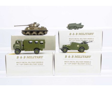 B & B Military 1:60 Scale White Metal Models, No.84b White Scour Car Gun Carrier, No.68 Bedford QL Radio Truck, No.45 Sherman