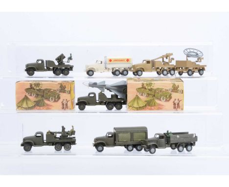 FJ France Jouet GMC Military Vehicles, Ambulance, Troop Transport, Mounted Rocket Launcher, Mounted Machine Gun, Workshop Tru