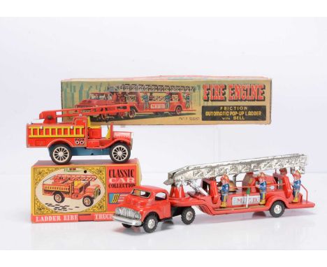 Japanese Tinplate Friction Drive Fire Engines, Kokyu Fire Engine with Automatic Pop-Up Ladder and Bell, SSS Quality Toys Ladd