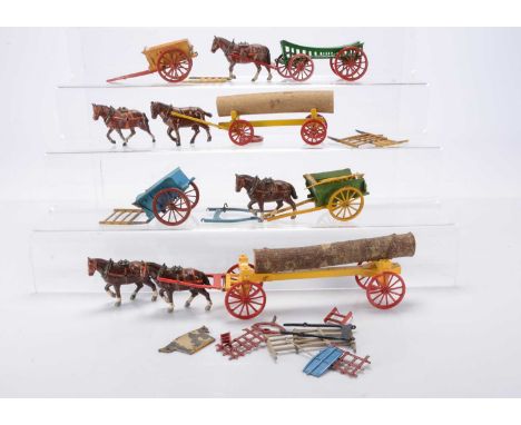 A selection of horse drawn farm wagons by Charbens and Benbros consisting of Charbens single-horse log wagon, repro shafts, o