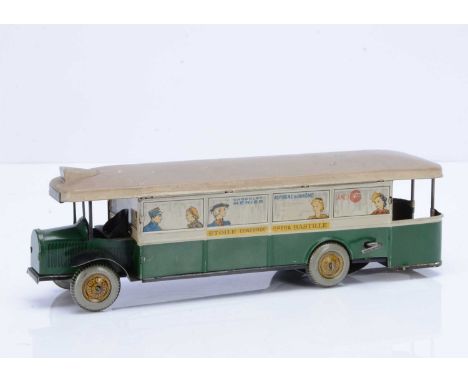 A Tinplate Clockwork Paris Autobus, attributed to Charles Rossignol, with detailed tinprinted windows featuring passengers an
