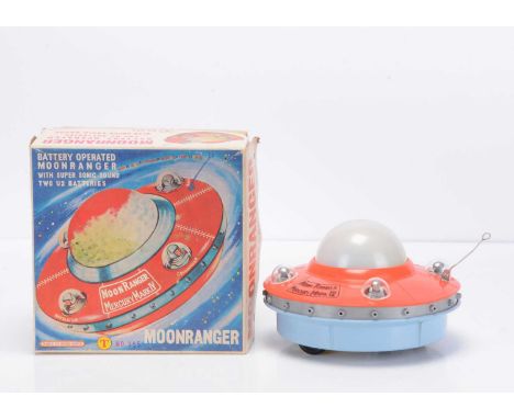 A Hong Kong Plastic Battery-Operated Moon Ranger Mercury Mark IV Flying Saucer, orange upper body with four astronaut figures