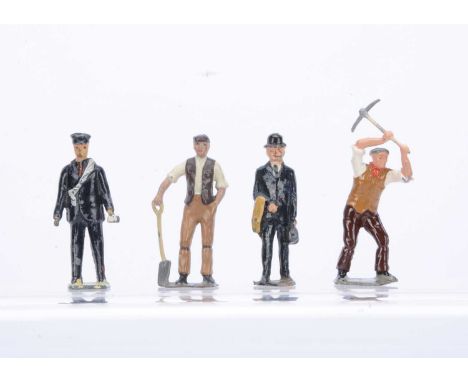 Britains Navvy with pick-axe and a modern copy with spade, Taylor & Barrett postman, and a Hill Railway Passenger Gentleman i