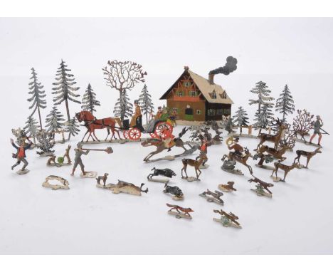 35mm scale demi-ronde Bavarian Hunting Scene - probably by Spenkuch, people and animals, (total 21 pcs), with flat trees (13)