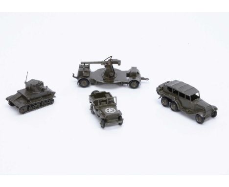 Military Dinky Toys In Olive Drab, 152a Light Tank, 152b Reconnaissance Car, 161b Anti-Aircraft Gun On Trailer, 153a Jeep, G-