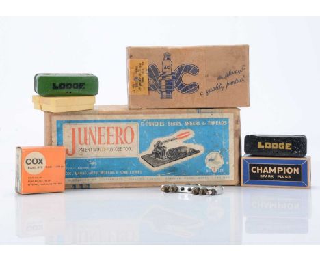 Assorted vintage model sparkplugs glo-plugs and a 'Juneero' engineering set (qty), a large assortment of spark plugs by Champ