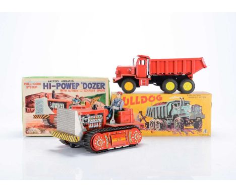 Nomura (Japan) Tinplate Battery-Operated Hi-Power Bulldozer, red body, detailed tinprinted engine, track covers and driver, p