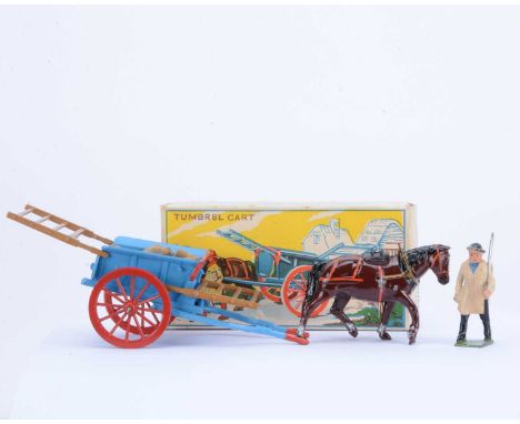 Britains boxed post WW2 version 4F Tumbrel Cart in very uncommon light blue version with brown raves,  VG in VG box, with VG 