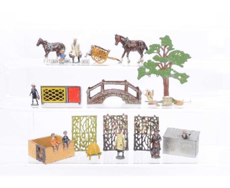 Farm and civilian animals and figures by various makers including Britains and Timpo comprising Hill CORN BIN and pig sty,  G
