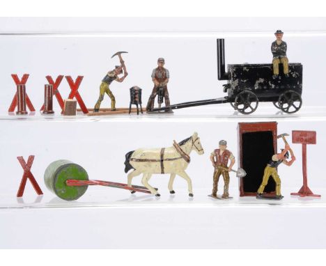 Charbens Road working set with navvies and vehicles comprising tar wagon (damaged underneath, chimney replaced), roller with 