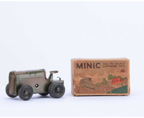 A Tri-ang Minic Tinplate Clockwork Pre-War 11M CF Army Tractor, camouflage body, black anodized wheels, single at front, doub