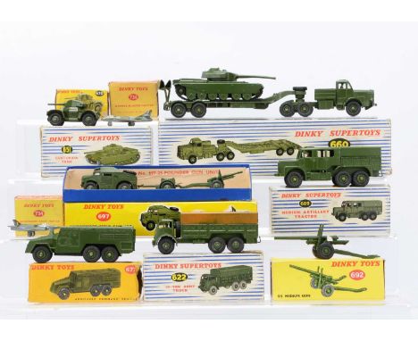 Boxed Military Dinky Toys, 660 Tank Transporter, 651 Centurion Tank, 670 Armoured Car, 691 5.5 Medium Gun, 677 Armoured Comma