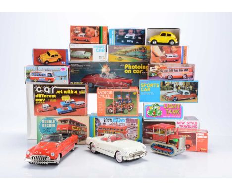 Chinese Tinplate Toy Vehicles, including ME 630 Photoing Car, MF 134 Tourist Coach, MF 162 Motorcyclist, MF 844 Double Decker