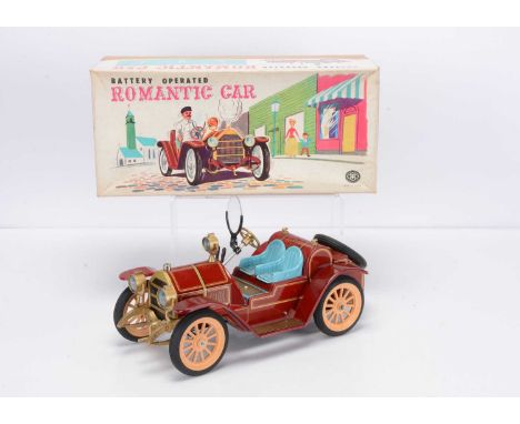 A Masudaya Modern Toys (Japan) Tinplate Battery-Operated Romantic Car, No.3295, detailed tinprinted body, gold trim, folding 