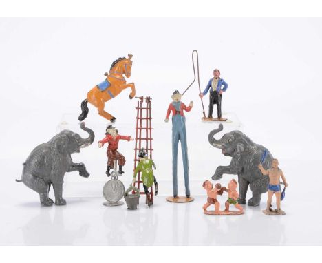 Charbens lead circus figures comprising clown up ladder with - rare - full bucket of water, complete, but one ladder has one 