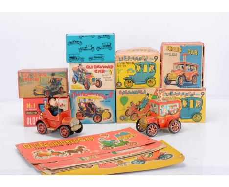 Japanese Tinplate Veteran Era Cars, ten examples, all lever/crank action or friction drive, including Masudaya Old Fashioned 