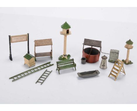 A lot of John Hill farm and civilian accessories including rare No. 413 Covered Country Seat, oblong (3), and round (2), corn