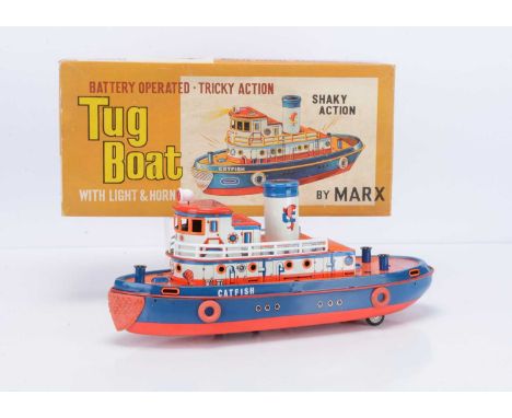 A Marx Toys (Hong Kong) Tinplate Battery-Operated Tug Boat Catfish, detailed tinprinted body, red rubber fenders, white plast