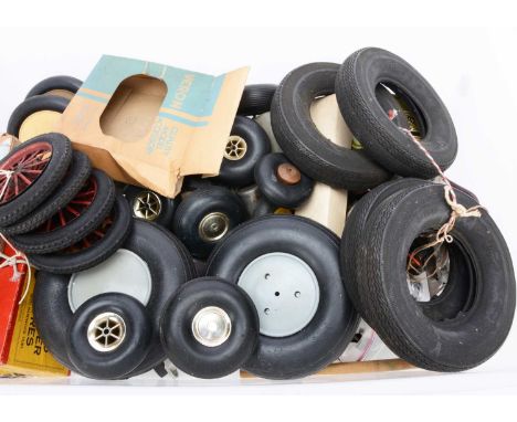 Assorted vintage model Motor Racing  spare parts wheels tyres and other items, boxed sets of 'Airyda' and 'Raylite' Racing Ca