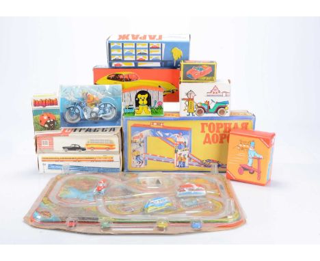 Eastern Bloc Manufactured Tinplate Toys, including Lemezaru Gyar Jaguar, Torpeauto, Motorcyclist, Roli Zoli, Traffic Control 
