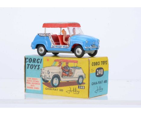 A Corgi Toys 240 Ghia-Fiat 600 Jolly, blue body, red interior, two figures, spun hubs, in original box, VG-E, very minor chro