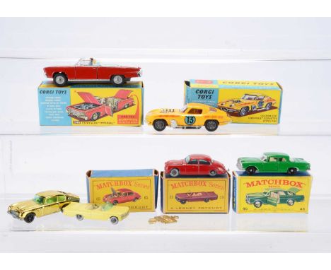 Corgi & Matchbox Toys, Corgi Toys 246 Chrysler Imperial, dark red body, pale blue interior, driver and passenger, golf trolle