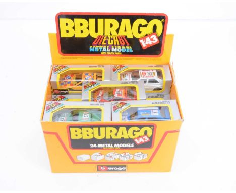 Bburago 1/43 Diecast Metal Model Shop Counter Trade Box, containing twenty three models, cod.4010 Ferrari 308 (2), cod.4028 A