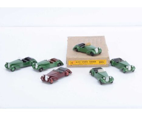 A Dinky Toys 38d Alvis Sports Tourer Trade Box, containing six examples, first and second with green body, black seats and ri