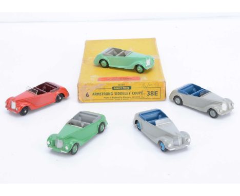 A Dinky Toys 38e Armstrong Siddeley Coupe Trade Box, containing five examples, first grey body, deep blue seats, blue hubs, s