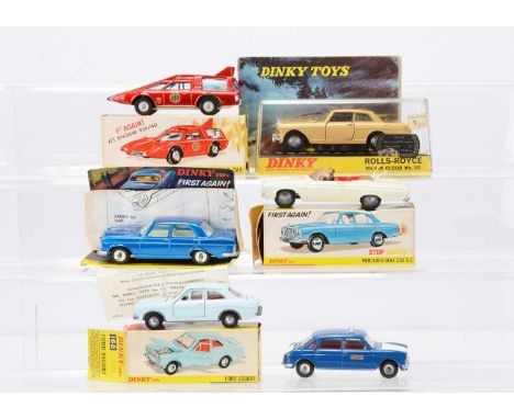 Dinky Toy Cars, 103 Spectrum Patrol Car with leaflet, 168 Ford Escort, 160 Mercedes-Benz 250 S.E, with inner stand and instru