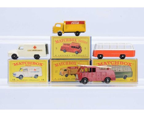 Four Boxed Matchbox Lesney Models, from the 1-75 Regular Wheel range, all with BPW, 9c Merryweather Fire Engine with gold lad